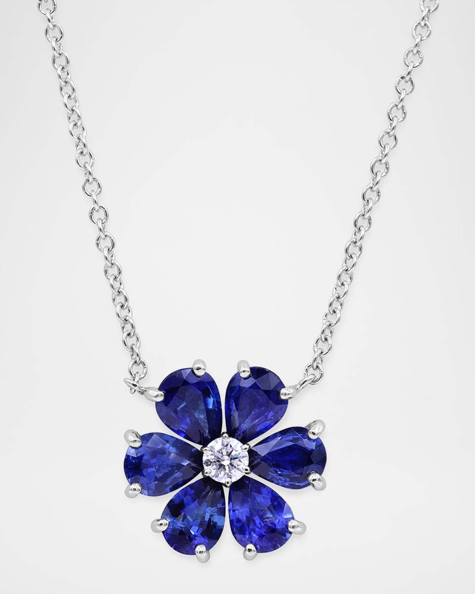 Platinum Diamond and Sapphire Flower Pendant Necklace, 17"L